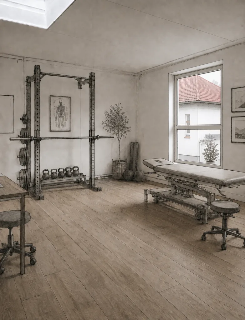 Therapieraum mit Behandlungsliege, Rack und Kettlebells