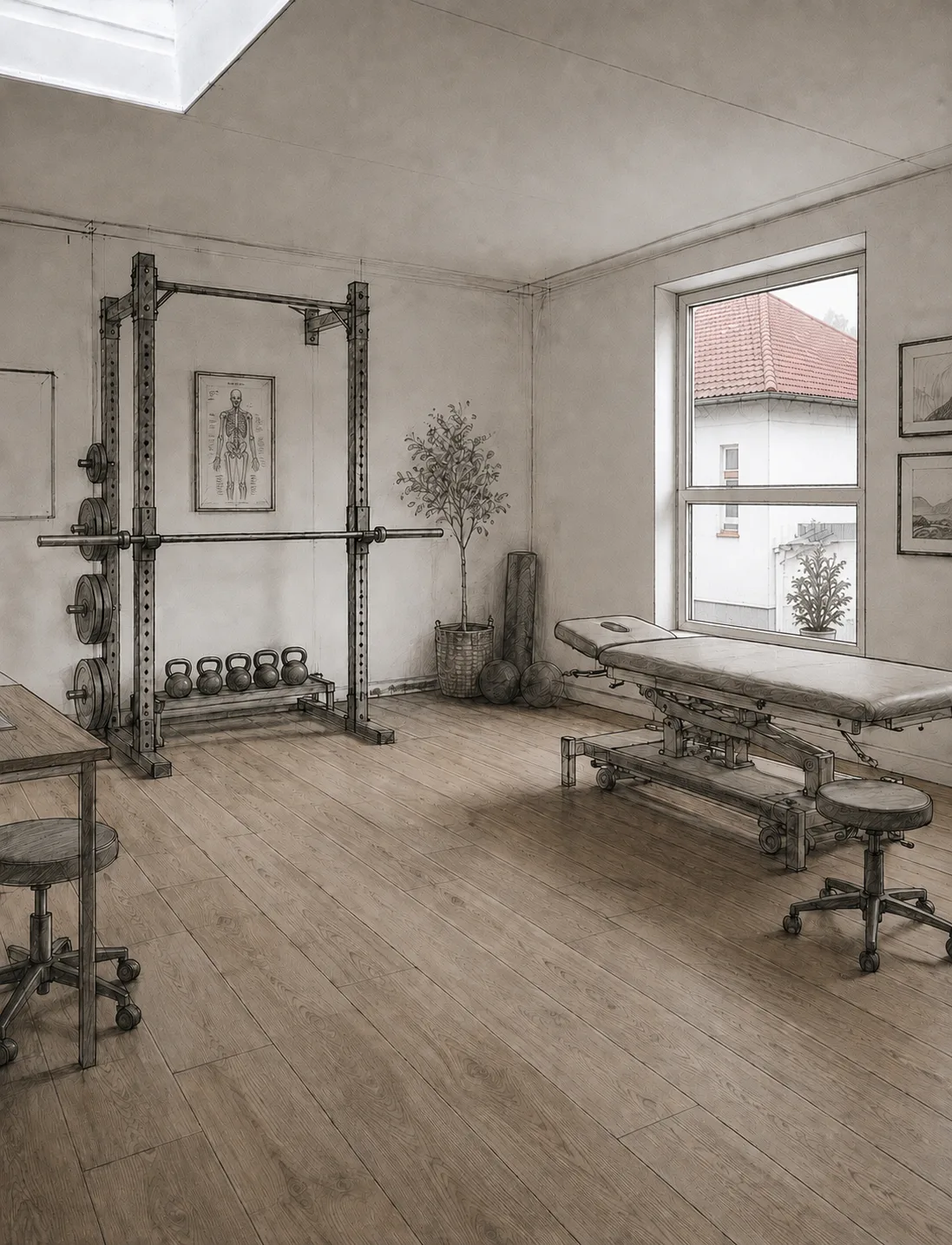 Therapieraum mit Behandlungsliege, Rack und Kettlebells